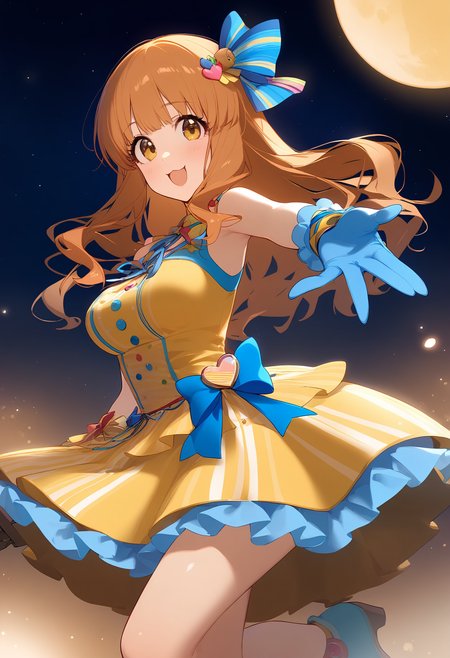 1girl,
moroboshi kirari,


smile, full moon, star \(sky\), sky, outstretched hand, gloves, heart, multicolored dress, blue gloves, looking at viewer, ribbon, standing on one leg, bare shoulders, blush, reaching, sleeveless dress, moon, solo, :3, sleeveless, yellow dress, yellow ribbon, dress, open mouth, orange hair, standing, multicolored clothes, blue ribbon, long hair, starry sky, hair ribbon, night, reaching towards viewer, hair ornament, yellow eyes,

sfw
<lora:a31_char_new_moroboshi_kirari:1> <lora:a31_style_koni-000010:0.8>