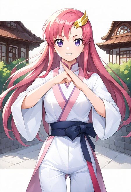 (fist-palm salute:1.5), score_9, score_8_up, score_7_up, source_anime, ultra detailed, 
Generate a picture of a girl making fist-palm salute in a big garden in front of a big traditional Chinese building,  (fist and palm folded in front), (hands together), front view,  she is wearing a yin_yang_print robe, white pants, barefoot, looking at viewer seriously with light smile,
A teenager girl has pink long hair, wearing wave hair ornament, yellowish sikn, medium breasts, slender and glamor body with narrow waist, round face with purple eyes, lacus clyne \(Gundam seed\),
 ,   <lora:fist-palm_salute_Pony:0.8>,<lora:lacus-clyne-ponyxl-lora-nochekaiser:1>
