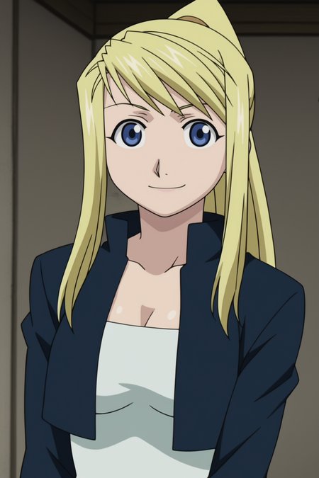 score_9, score_8_up, score_7_up, source anime, prefect lighting, very aesthetic, BREAK, anime coloring, anime screencap,
âââ <lora:winry_rockbell_v1-pdv6:1>, 1girl, winry rockbell, fullmetal alchemist, blue eyes, blonde hair, ponytail, 
winout, cropped jacket, 
BREAK, looking at viewer, light smile, upper body, portrait, 
BREAK,