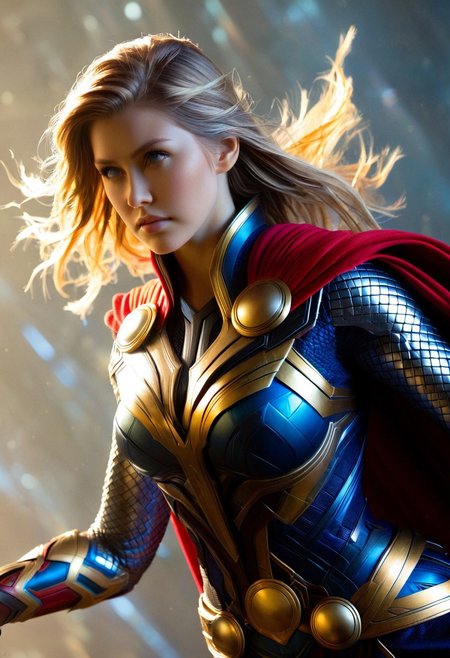 A lone female figure, clad in a intricately detailed Thor-inspired outfit, fills the frame in a hyper-realistic style, with precise textures and subtle reflections. Soft, golden lighting dances across her face and armor, set against a muted, atmospheric background. The camera captures her from a slightly lowered angle, emphasizing her powerful stance, with a shallow depth of field blurring the edges of her cape. The color palette is dark and rich, with metallic blues and golds dominating the scene, inviting the viewer to behold her heroic presence.
