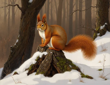 Rembrandt style <lora:funnys:0.5>, This photograph captures a red squirrel standing on a tree trunk in a snowy forest. The squirrel, positioned slightly to the left of center, is facing the camera with its head slightly tilted. Its fur is a mix of reddish-brown on the back, with a white underbelly and a bushy tail. The squirrel's eyes are large and dark, and its ears are pointed and upright, giving it an alert and curious expression. The tree trunk it stands on is textured with rough, dark bark, which is partially covered in patches of green moss, indicating a moist environment., 
The background is a mix of snow-covered ground and bare branches, suggesting a winter setting. The snow on the ground is patchy, with some areas showing bare earth or small plants poking through. The branches in the background are sparse and twisted, adding to the winter landscape's rugged feel. The overall color palette of the image is muted, with the predominant colors being earth tones and white snow, providing a stark contrast to the squirrel's vibrant fur. The image is sharp and detailed, highlighting the texture of the squirrel's fur and the bark of the tree. . Baroque, chiaroscuro, realistic, emotional, "flat lighting