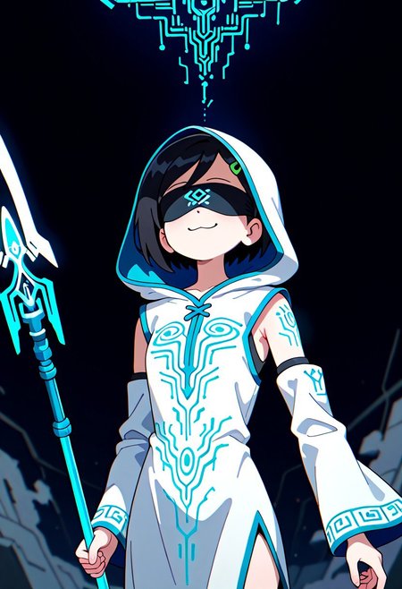 1gril, solo, Marcy, black hair, short hair, hairclip, dynamic angle, cowboy shot, action pose, glowing (circuit tattoo:1.2), robe, detached sleeves, hood up, noble, simulator, blindfold, covered eyes, shaded face, smug,  holding polearm, sanctuary, runes, (electricity:0.5), over technology, geometry, white theme, polarized, chromatic aberration, disintegration effect, (abstract expressionism:0.6), fantasy, science fiction, future, ancient, masterpiece, best quality, amazing quality, very aesthetic, absurdres, newest, <lora:circuit_tattoo:1>