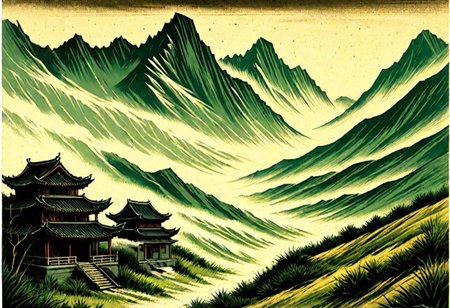 Ancient Chinese countryside, foggy mountains, pulp cover art