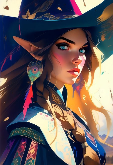 score_9, score_8_up, score_8_up, ((Cinematic composition)),((masterpiece)), (resplendent highlighting), 8k. Photorealistic
1girl, (full body). 
A stunningly beautiful elven cowgirl walks out through saloon doors. She’s wearing cowboy clothing on top of her elven garb. Bow on her back, quiver on her belt, cowboy boots, Cowboy hat in her hand, (camera angle from below), deep rich colours, ((full body)) long hair, elven ears. (resplendent spotlight on her face). Brilliant chaotic atmosphere.
Double exposure.
Ink, Charcoal and colourful oil pastels. impressionistic. faded watercolours (Klimt :1.2) dadaistic collage (by Bill Sienkiewicz:1.5), strikingly alluring face. brilliant spotlight effect. Vibrant thick dripping paint. Intense detail, realistic, dynamic shadows and contrasts. Matte and faded background colours. unreal parts, alluring, fluid, perfection, gothic. (Luminous skin dynamically spotlighted), Illustration, (klimt:0.8) (Bill Sienkiewicz:1.5). maximum detail, Chinese watercolor and ink technique. Gold leaf highlights.
<lora:xl_more_art-full_v1:0.4> <lora:epi_noiseoffset2:1>3