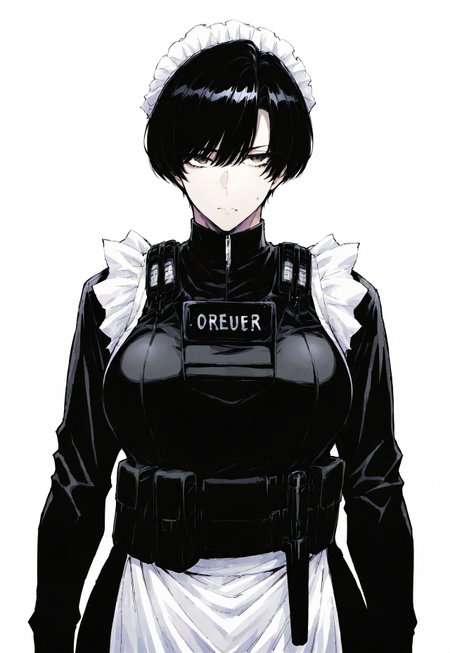 safe_pos, masterpiece, best quality,mature woman maid, black hair,big breasts, bulletproof vest, tactical gear, maid uniform, serious looking,