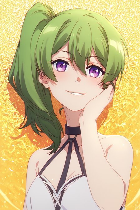 score_9, score_8_up, score_8, medium breasts, (curvy), cute, eyelashes,       BREAK, , <lora:UbelSousounofrieren:0.8>, zzUbel, medium hair, hair between eyes, green hair, side ponytail, purple eyes,, BREAK, (warm colors), smile, looking at viewer, cowboy shot, embedding:zPDXL, Expressiveh, <lora:PrismaIllya_PDXL_v3:1.0>,  <lora:SDXLFaeTastic2400:0.5>,  <lora:Expressive_H-000001:0.4>,