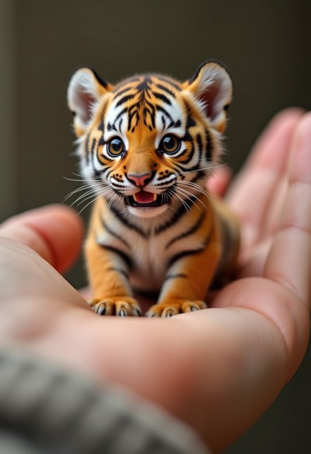 A hyper-realistic, touching scene depicting a tiny, adorable tiger cub, no bigger than the palm of your hand, sitting on a human hand. The tiger cub has soft, fluffy fur, large amber eyes, sharp teeth and long whiskers. The hand has soft, pale skin with a few barely noticeable freckles, the fingers gently hugging the tiger cub's body.