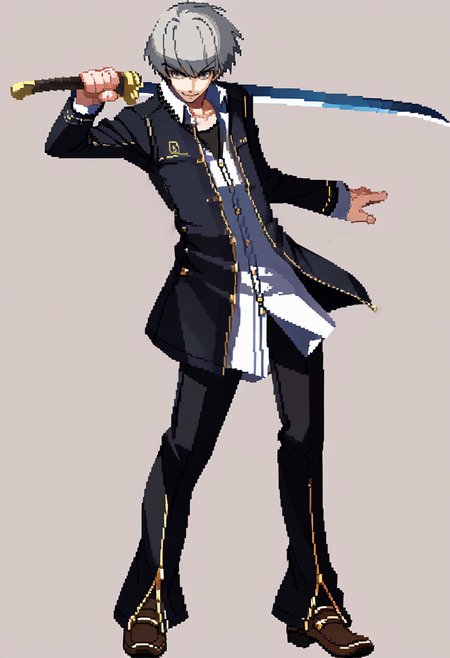 score_9, score_8_up, score_7_up, source_anime, BREAK, solo, 1boy, smirk, looking at viewer, <lora:Under-Night-In-Birth-Sprites-pdxl_Fp:1>, simple background, full body,  <lora:persona4_yunarukami_ponyXL:1>, narukami yu, grey hair, grey eyes, school uniform, black jacket, open jacket, long sleeves, white shirt, collared shirt, black pants, holding sword, sword, standing,