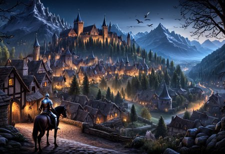 medieval era, knight on horse, night, medieval village, mountain, overview, trees, birds,