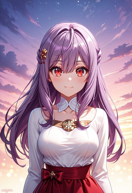 masterpiece, best quality, amazing quality, dynamic view,  solo, dynamic view,  solo, 1girl, masterpiece, best quality, bokeh, luminescent background, 
(  miaadenauer,,
 purple hair, long hair,  hair between eyes, bangs, hair ornament, hair flower,  red eyes, medium breasts,
detached collar, white shirt, long sleeves, bow skirt, red bow, red skirt, brown shoes,
 ),  
portrait, happy
