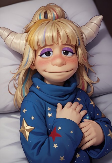 1girl, score_9, score_8_up, score_7_up BREAK Eureekaa, 1girl, blonde hair, multicolor hair streaks, ponytail, horns, black eyes, purple eyeshadow, long blue starry robe, laying on bed, back on top of bed, looking up and smiling at viewer,  slight blush, slightly tired eyes, hands on chest full body,