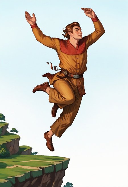 score_8, score_8_up, score_7_up, oblivionarts, 1boy, male focus, solo,  adoring_fan, (((jumping off a cliff))), simple background,