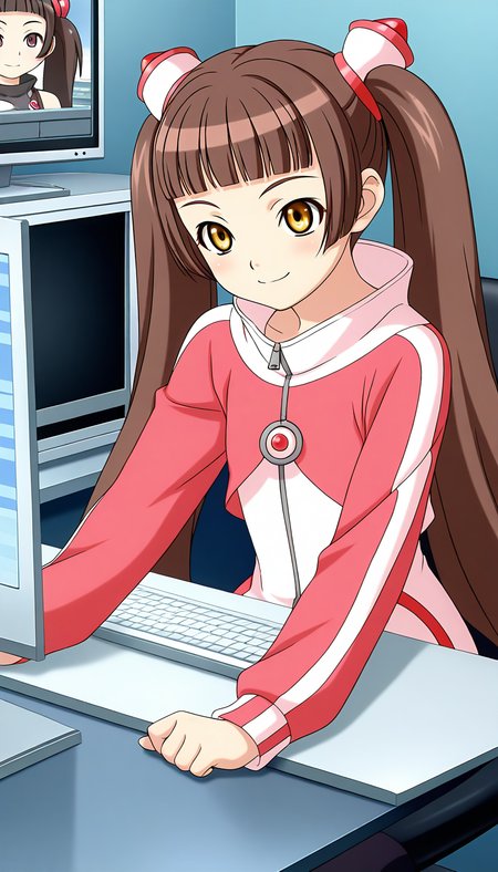 general,highres, ultra-detailed,very aesthetic,best quality ,best hands,  BREAK <lora:Amy_BA_IS:1>Amy_BA, twintails, long hair, brown hair, brown eyes, blunt bangs, flat chest, yellow eyes, smile,
1girl, computer, long sleeves, blunt bangs, solo focus, bangs, blue jewelry, sitting, 
monitor, screen, solo,