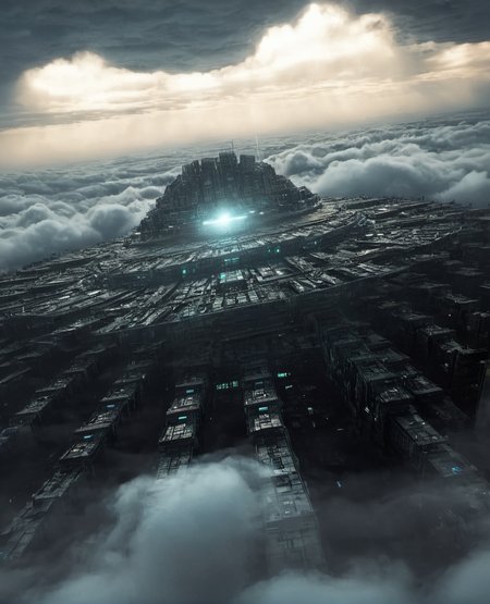 bleakfaith,gigantic glowing cloud monster,lying between floating omnistructures,surrounded by clouds,science fiction,panorama of a metropolis below,highly detailed, sharp definition ,cinematic,50nm dof,bokeh,realistic,sharp focus,ultra detailed,128k uhd,awardwinning,trending on artstation, <lora:bleakfaith-000004:0.8>, <lora:add-detail-xl:2>