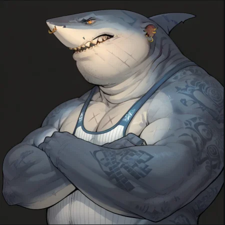 score_7, score_8, score_9, detailed, taigher_style, cartoon style, 2d, solo, anthro male, shark, shark snout, shark fin, light blue skin, scar, stubble beard, tattoo, earrings, septum piercing, sharp teeth, naked, orange eyes, standing ((full black background))