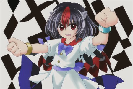 masterpiece, best quality, 1girl, solo, solo focus, (((kijin seija))), (horns), red eyes, multicolored hair, (black hair), streaked hair, short hair, (red hair), white hair, dress, bow, jewelry, bracelet, white dress, blue bow, puffy short sleeves, puffy sleeves, bowtie, blue bowtie, short sleeves, arrow \(symbol\), white shirt, blue sash, purple bowtie, purple bow, buttons, ribbon trim, multicolored clothes, sash, sailor collar, red sailor collar, petite, skinny, flat chest, <lora:seijaKijin_seijaKijin:1>, <lora:ryukishi07Higurashi_v1:1>,
