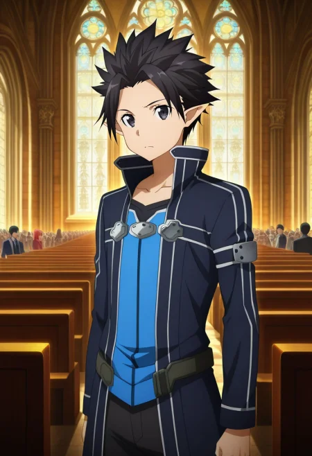 masterpiece, best quality, , anime screencap, anime coloring, official style, , 1boy, solo, male focus, <lora:kazuto_kirigaya_ilxl:0.92>, kazuto_kirigaya_alo, black hair, black eyes, short hair, pointy ears, spiked hair, sao-alo, kirito \(sao-alo\), Milan Cathedral, Italy, ornate spires, crowded square, standing pose, admiring expression, midday sun,
