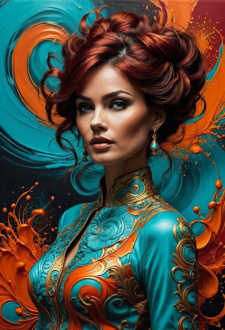 fashion photography painting, in the style of teal and gold. in the background, tintricate stunning highly detailed, 60s style, op art, dark red and blacks, swirling patterns, hypnotic, art by "capture dynamic splashes of art in a fashion photography" with canvas as the main subject, showcasing pencil, orange and cyan paint, putty, fabric, special model, easel, and intense lighting. utilize high-speed photography for photorealistic surrealism style
<lora:InkArtXL_1.2:0.4> <lora:FaeTastic:0.35> . award-winning, professional, highly detailed . extremely high-resolution details, photographic, realism pushed to extreme, fine texture, incredibly lifelike, high contrast, well defined .