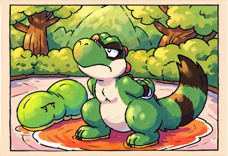 maypul, green fur, raccoon, 1girl, female, 2d, yistyle, yoshi style form, clean, no blur, watercolor, painting, solo, unamused, mad