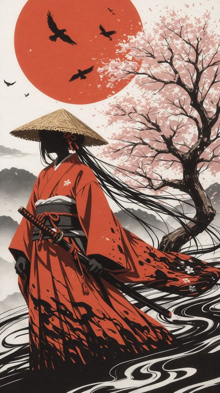 masterpiece,best quality,(minimalism:1.3), (impressionism:1.2),
lone samurai, red kimono, katana, dramatic red sun, ink wash style, minimalist composition, Japanese warrior, silhouette, traditional straw hat, windswept landscape, flying birds, cherry blossom tree, bold contrast, black and white with red accents, cinematic, abstract splatter effect, digital painting, warrior's journey, Edo period, bushido, atmospheric art