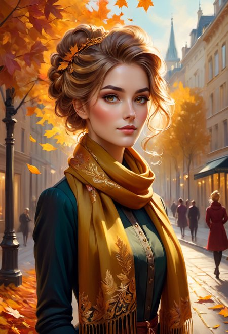 Portrait painting, (Aristocratic woman with intricate hairstyle:1.3), Autumn street scene, Dynamic pose, (Inspired by Charlie Bowater:1.3), Cozy scarf, Falling leaves, Vibrant colors, Golden light,  <lora:add-detail-xl:1>