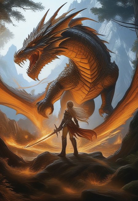 elfian princess fight against giant dragon, in beautiful forest, 8k  action shot, elfian princess in short armor, long legs,, with long spear,fighting, fantasy, gigantic dragon, bosstyle,