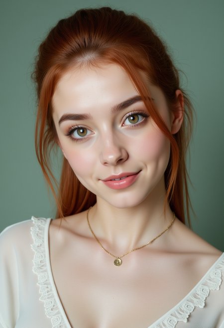 She is approximately 18 years old. Hyperrealism, she is looking at the camera, (dynamic angles), profile headshots of a beautiful, stunning unique female character.  she has dark hair. her eyes are filled with joy and excitement, extravagant eyelashes. a photo of P3rf3ct_Wif3, a woman with red hair. she is wearing a white frilly shirt, and a necklace. The woman is posing confidently. simple sage green colored background. She has a slight smile on her face and is looking directly at the camera. making this image a masterpiece of photography and digital art. realistic. making this image a masterpiece of photography and digital art. Style: realistic hyper-detailed rendering, 32k UHD, expressive eyes, punk, graphic design, girl's face, pretty and cute, gleaming lips, telling a tale of adventure. Exuding confidence and serenity. The overall mood of the image is happy and relaxed,detailed skin texture,(blush:0.2),(goosebumps:0.3),subsurface scattering,whimsical,Detailed hand, Perfect hand. Perfection style.
