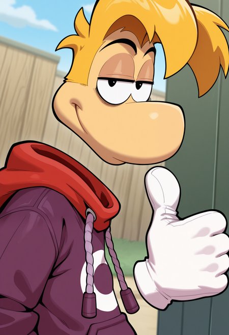masterpiece,best quality,amazing quality, 1boy, solo, r4ym4n, furry, rayman limbs, purple hoodie, black eyes, yellow hair, white gloves, thumbs up, close up, side angle,