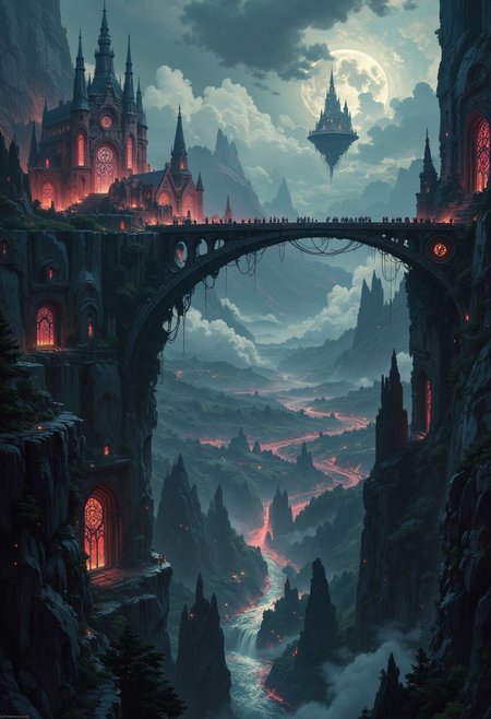 A majestic dark fantasy vista, featuring a sprawling, ancient city carved into a towering black cliffside, illuminated by a pale, eerie moonlight. Jagged spires and gothic architecture rise high into the sky, their intricate designs laced with glowing crimson runes. Below, a vast, mist-covered valley stretches outward, dotted with shadowy forests and glimmering rivers of molten silver. A colossal, weathered bridge of obsidian arches over a bottomless chasm, connecting the cliffside city to a mysterious floating island, suspended by chains and shrouded in swirling dark clouds. The air is thick with an ominous fog, and faint glows from enchanted lanterns flicker across the scene. Overhead, the sky is a turbulent mix of stormy gray and blood-red hues, with faint, otherworldly constellations piercing through the gloom. The scene radiates a sense of ancient power and haunting beauty, capturing the grandeur and dread of this mystical world.