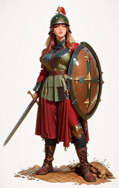 hyper-detailed, modernretroanime, Anime, anime screencap, cel shading,  dramatic, sharp detail, mature female, Full-body illustration of female soldier, largebreasts, wide hips, thighs, thick thighs, atheltic female, luscious lips, wearing a detailed Niederbieber-type helmet with cross-pattern reinforcing ridges and cheek guards that can be fastened together. She wields a Spatha sword (900mm/36 inches), historically used by cavalry in the 1st and 2nd centuries. She also carries a spiculum, a heavy pilum-type javelin. She wears chain mail, an oval shield, a long-sleeved tunic, trousers, and boots, historically accurate to 3rd-4th century Roman infantry. The helmet style transitions toward an Intercisa-type. She has an hourglass physique, wide hips, luscious lips, and long flowing hair, exuding both beauty and strength. One leg is positioned straight to the side, with her foot resting on her shoulder, showcasing flexibility and power. Ultra-detailed, cinematic lighting, historical realism, 8K, dramatic pose, dynamic composition, artist:moriimee