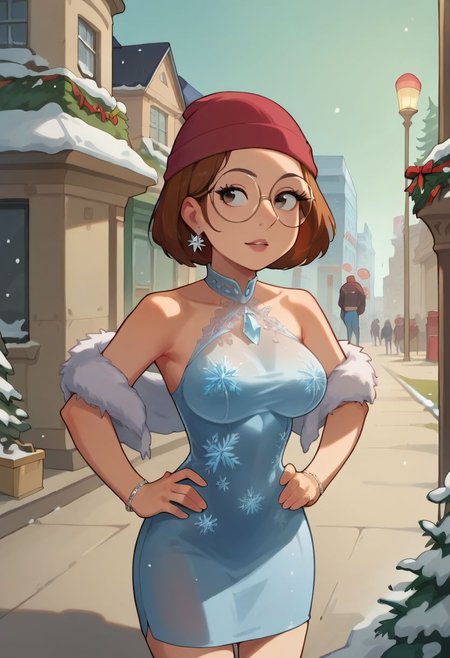 Score_9_up, score_8_up, score_7_up, meg, brown hair, 1girl, glasses, solo, short hair, eyes, ice jacket ,  beanie, ice dress, disgner clothes, jewelry, bracelet, big breasts, standing, hands on hips, outdoor, city street, on side walk, snow, christmas tree, cowboy shot,Expressiveh