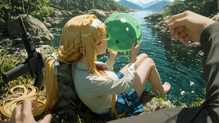 absolutely eye-catching, light skin, ambient occlusion, cheek_kiss, barefoot, calm., newest, animal_ears, Vengeful expression (Desire for revenge), blurry foreground, nail_polish, Phoenix, depth of field, pov, motion_lines:1.1, best quality, multiple others, spring, amazing quality, large breasts, Ice blonde hair, Plaid mini skirt with pleats and a white blouse with a Peter Pan collar., clear water reflecting peaks, very long hair, miniature world, Chiaroscuro Theme, A digital anime artwork in the style of cklg, 8K, combat shotgun, slime_(creature), RTX, Alice Zuberg (Sword Art Online), motion_blur:1.1, Cel Shading, masterpiece, Mountain lake shore, ultra-detailed, very aesthetic, Magitech Engineer, anime character, highlighted hair, absurdres, tactical look