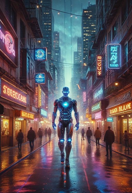 score_9,score_8_up,score_7_up, A soon to be unemployed blue robot, 1 man, futuristic cyberpunk cityscape background, neon lights and brightly lit marquees, wet streets reflect the neon glow of the city, analog photography, ultrarealistic, hdr, Cyberspace, psych3delic
