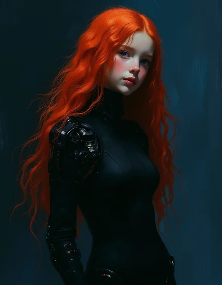 cinematic still Minimalist painting of a young teen cyborg girl by Albert Lynch, Abbott Handerson Thayer, highly detail, best quality, sci-fi, mechanical joints, black tight bodysuit, dark blue outline, dynamic pose, dark blue outline, innocent, serene, white skin, pale skin, blue eyes, long flowing red hair, inside a dark spaceship, ultra detailed, romantic, Rembrandt lighting, brush strokes, warm light, magic, extremely coherent, cute, beautiful, cinematic, stunning, creative, positive, cheerful, unique, cool, inspiring, pure, rational, very inspirational, friendly, thought, glowing, magical, perfect, intricate, wonderful, lovely, del1cate_balance style, in the style of Rembrandt. vantablack <lora:style_of_Rembrandt_FLUX_135:.8> <lora:- Flux1 - vanta_black_V2.0:.8>  <lora:Delicate_Balance:.3> <lora:neeeg_f1:-1>