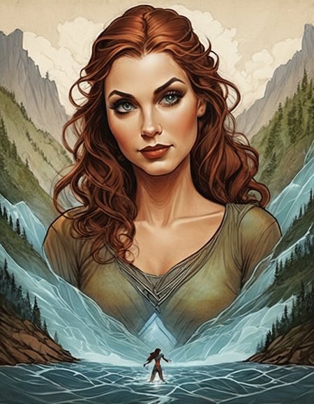 Surrealist art <lora:CivitAI_64_ALL:0.7> [X] Collage style  CivitAI Fusion Style,a woman in a tshirt standing in a river, by Tyler Edlin, from pathfinder, from dungeons  dragons, inspired by Noah Bradley, fantasy graphic novel style, charlie bowater and mark brooks, aloy, julie dillon, by Noah Bradley, l critical role, charlie bowater character art, phil noto and rebecca guay, martin ansin . Mixed media, layered, textural, detailed, artistic . Dreamlike, mysterious, provocative, symbolic, intricate, detailed