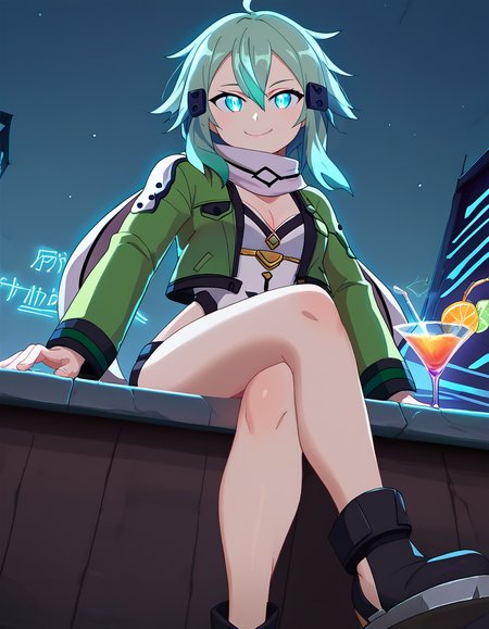 score_9, score_8_up, score_7_up, BREAK    <lora:Mrploxykun_Artist_Style_ponyXL-000012:1>,  <lora:EPsoaSinonPony:0.8> EPsoaSinon, sinon,  1girl,  solo, pale_skin,  crossed legs,light_smile, glow in the dark ,sitting at the bar counter, from_below, dark night, neon_lights, cocktail_glass,  smile, from below, dynamic pose,  sky, rooftop, open jacket, green jacket, scarf,
