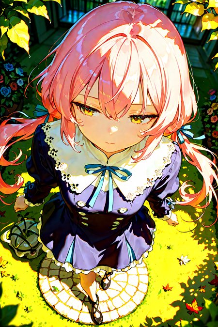 score_9, score_8_up, score_7_up, 1girl, cinematic angle, from above, Ribbons, ruffles, dappled sunlight, light leaks, Garden, leaf, Depth of field, 4k wallpaper, cinematic shadows, vibrant, oil painting, [(simple background:1.2)::0.2], (oil painting background:1.2), masterpiece, best quality, amazing quality, very aesthetic, absurdres, highres, newest, intricate details, high contrast, brilliant skin, shiny skin, <lora:ponyv4_noob1_2_adamW:1.0> <lora:enhancerV4-pony:1> <lora:illustrious_noobai_epsilon_pred_1_best_quality_v1:1> <lora:illustrious_noobai_epsilon_pred_1_masterpieces_v1:1>