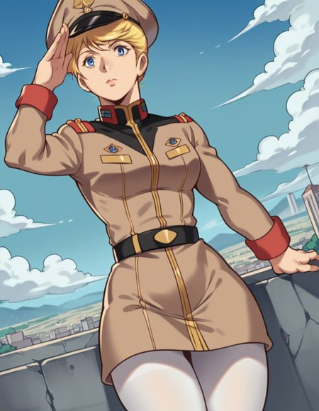 score_9, score_8_up, score_7_up, source_anime,
crowleyhamon, <lora:crowley-hamon-ova-ponyxl-lora-nochekaiser:0.7>,
crowley hamon, blonde hair, blue eyes,
pantyhose, belt, uniform, military, military uniform, white pantyhose, hat, military hat,
outdoors, cityscape, salute,
cowboy shot, solo, dutch angle, looking at viewer,