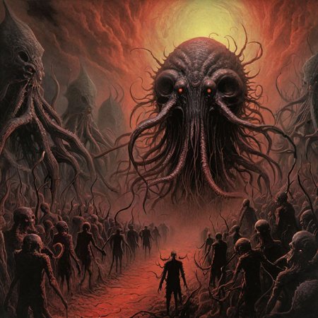 Lovecraftian seraphin horror, contrivance of evolutionary madness, muted colors, creepy eldritch aesthetic. By Dan Mahurin, by Zdzislaw Beksinski and Esau Andrews, color ink illustration, creepy, eerie, scary colors, opulent shadows, gritty, by Rex Ray, impressionism oil painting