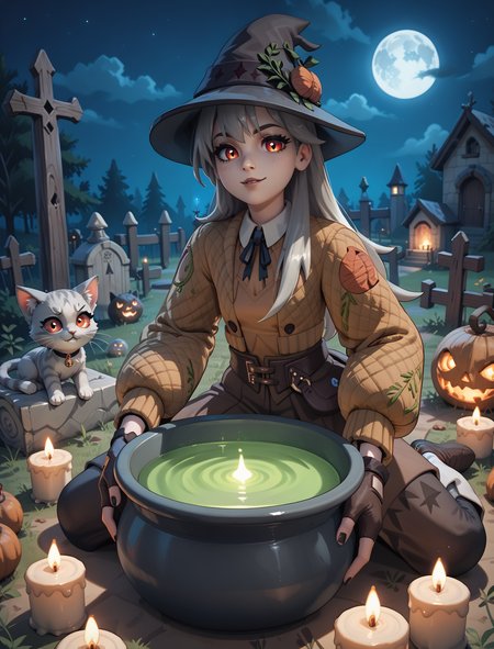 lexahex1x, looking at viewer, cauldron, cat, graveyard, spooky, candles, dim lighting, night <lora:Lexa_Hexbringer_Pony:1>