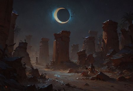 score_9, score_8_up, score_7_up,
highly detailed, high detail, oil painting ,concept art, dark theme, low light,
Wide shot
Clear Night sky,  lunar eclipse,  (huge sand dunes, sands), desert,night, Sahara desert