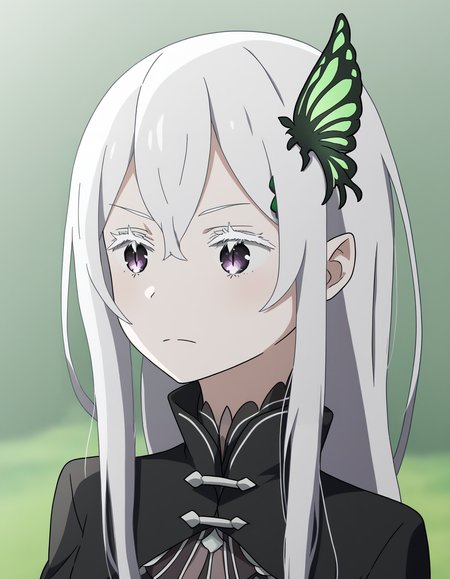 <lora:Echidna ReZero:1>, 1girl, echidna rezero, face, upper body, black clothes, green butterfly hair ornament