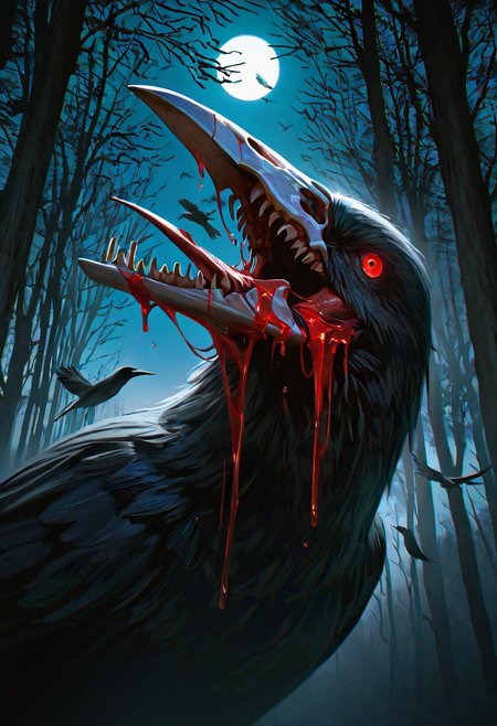 detailed face, detailed body,shiny skin,photorealistic, dutch angle, masterpiece, best quality, amazing quality, very aesthetic, absurdres,  newest, scenery, volumetric lighting,
teeth, horror_(theme), blood, bird, crow, no_humans, skull, tree, moon, red_eyes, blood, nature, night, 
in the background is a dark, gloomy forest in the fog, autumn,,dark atmosphere, night