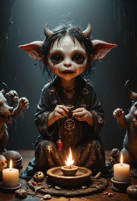 cute, cuddly, adorable, (occult:1.3), witchcraft, demon summoning, demonic possession, devil worship, voodoo,, Dramatically lit, trending on ArtStation, maximalist, cinematic, photorealistic, octane render, weta digital, micro details, 3d sculpture, ray tracing, 8k <lora:RMSDXL_Creative:0.8> <lora:Melting_world:0.8>