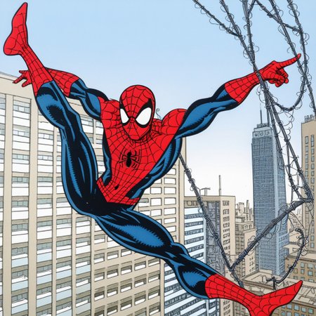Erik Larsen Pencil Style,spider web, city, city skyline,outdoors, flexible, spider-man, holding web,  spider webs, webs, webswinging