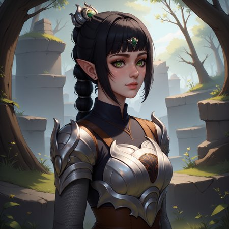 a female character.  This is a highly detailed digital illustration in realistic fantasy style. The subject young elf woman with pale, almost translucent skin, and strikingly large, emerald green eyes that exude sense of wisdom calm. Her pointed, elf-like ears are prominent add to her otherworldly appearance. She has long, dark hair tied back high ponytail few loose strands framing face.
She dressed medieval-style armor, intricate, silver plates covering shoulders chest, adorned ornate designs suggest level craftsmanship. armor sleek polished, reflecting light, giving it metallic sheen. attire complemented by black, form-fitting tunic emphasizes slender physique.
The background mystical forest scene, rocky outcrops dense foliage suggests remote, enchanted location. light filtering through the trees casts soft, diffused shadows, creating serene ethereal atmosphere. overall color palette muted, shades gray, green, brown dominating, enhancing feel image.