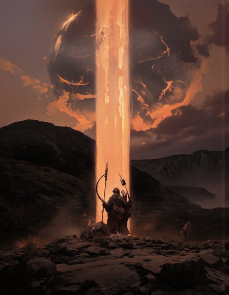Art by Piotr JabÅoÅski. A digital illustration shoot from a low angle about a lone figure stands in a desolate landscape during sunset, holding a spear in one hand and a bow and arrow in the other. the image also shows a distant planet with streaks of light emanating from it, creating a dramatic atmosphere. on the middle of the image, a man, who appears to be in his late 20s, is standing with his back to the viewer, facing away from the viewer. he is wearing a long, dark robe and has a serious expression on his face. the man is holding a large, curved weapon with multiple blades, resembling a trident, in his right hand. he has a backpack slung over his shoulder. the scene is set against a dark, desolate landscape with distant mountains in the distance, and the sky is filled with a mix of orange and pink hues, indicating a sunset. the atmosphere is dramatic, with shadows and light effects adding to the sense of depth and dimensionality.