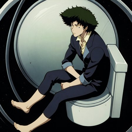 1boy,  spike spiegel, sitting in toilet, sad, in space, stars