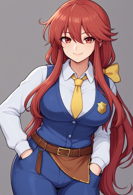 score_9, score_7_up, source_anime, source_cartoon, perfect face, EyesHD, BREAK, (illustration), intricately detailed illustration, Exquisite color design, (best quality, ultra detailed), smooth skin, high details, (1girls), mature female, beauty, thick thighs, big breasts,  kotohime (touhou), long hair, red hair, bangs, low-tied long hair, (hair bow, yellow bow), red eyes, white shirt, collared shirt, long sleeves, yellow necktie, blue vest, buttoned vest, police badge, brown belt, blue pants, hands in pockets, looking at viewer, smile, closed mouth, simple background,