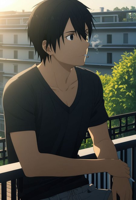 high resolution, professional photography, best quality, 1Boy, Kirigaya Kazuto, Black Hair, Black Eyes, overalldetail, home balcony, morning, soft sunlight, cigarette, coffee, v-neck t-shirt, shorts, potrait, looking away